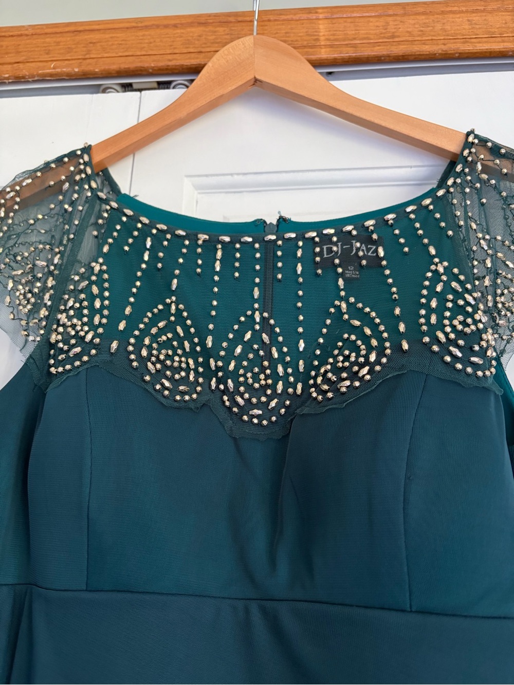 DJ-JAZ Embellished Teal Green Maxi Evening Dress with Scalloped BeadedYoke SZ 12 - Picture 10 of 12